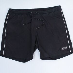 BOSS by Hugo Boss Men's LOGO Swim Trunks Black with White Side Striped, Medium